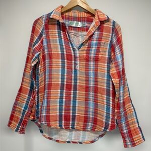 Aventura Plaid Boho Blouse Shirt Womens S Organic Cotton Orange Blue Pink V Neck